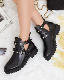 Hot Czarne damskie zdobione botki na płaskim obcasie Pearl Elegance Botki Bez Ocieplenia|Botki Na Płaskim Obcasie