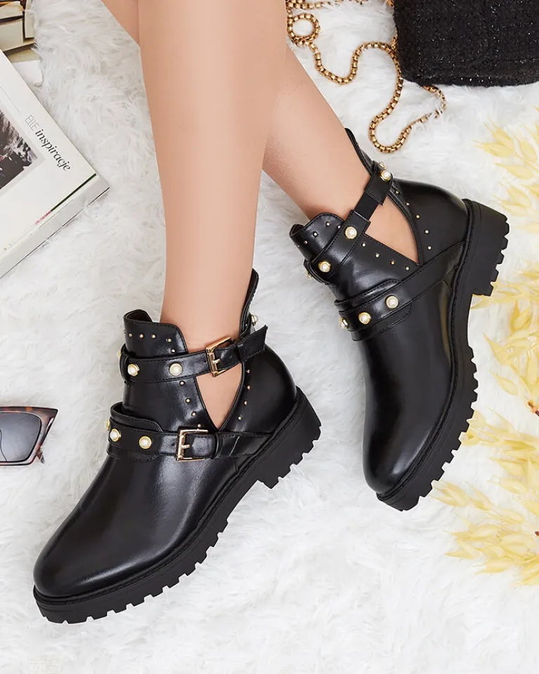 Hot Czarne damskie zdobione botki na płaskim obcasie Pearl Elegance Botki Bez Ocieplenia|Botki Na Płaskim Obcasie