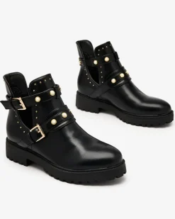 Hot Czarne damskie zdobione botki na płaskim obcasie Pearl Elegance Botki Bez Ocieplenia|Botki Na Płaskim Obcasie