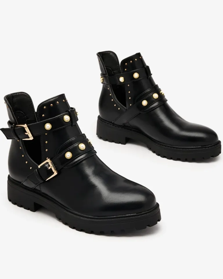 Hot Czarne damskie zdobione botki na płaskim obcasie Pearl Elegance Botki Bez Ocieplenia|Botki Na Płaskim Obcasie