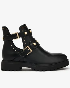 Hot Czarne damskie zdobione botki na płaskim obcasie Pearl Elegance Botki Bez Ocieplenia|Botki Na Płaskim Obcasie