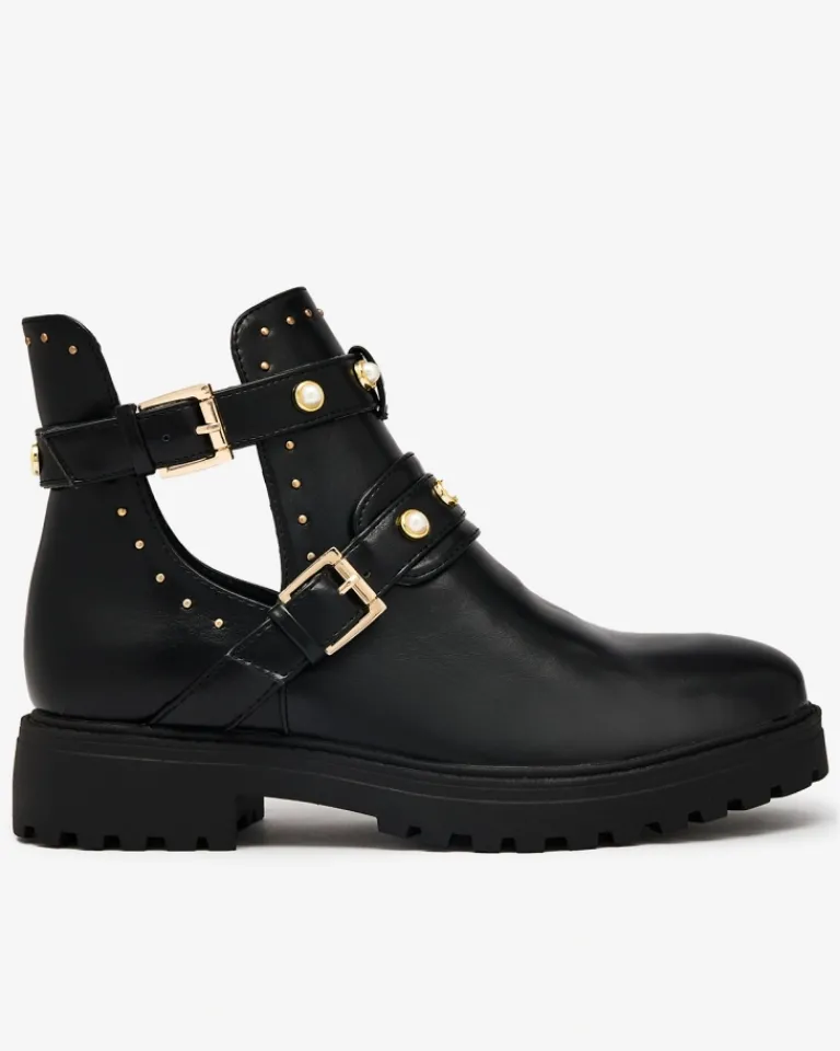 Hot Czarne damskie zdobione botki na płaskim obcasie Pearl Elegance Botki Bez Ocieplenia|Botki Na Płaskim Obcasie