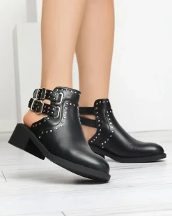 Online Czarne damskie botki z wycięciami Dlagona Botki Bez Ocieplenia|Botki Na Płaskim Obcasie