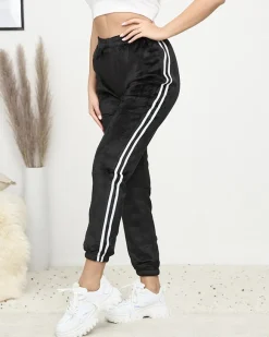 Best Czarne damskie ocieplane welurowe spodnie dresowe z lampasami Spodnie Dresowe