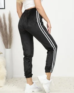 Best Czarne damskie ocieplane welurowe spodnie dresowe z lampasami Spodnie Dresowe