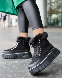 Discount Czarne damskie sznurowane buty a'la śniegowce na platformie Neatesa Śniegowce|Botki Z Grubym Ociepleniem
