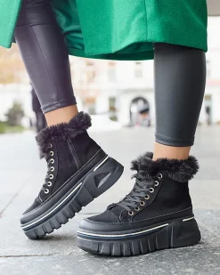 Discount Czarne damskie sznurowane buty a'la śniegowce na platformie Neatesa Śniegowce|Botki Z Grubym Ociepleniem