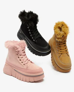 Discount Czarne damskie sznurowane buty a'la śniegowce na platformie Neatesa Śniegowce|Botki Z Grubym Ociepleniem