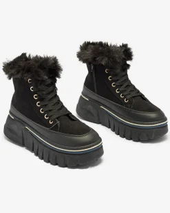 Discount Czarne damskie sznurowane buty a'la śniegowce na platformie Neatesa Śniegowce|Botki Z Grubym Ociepleniem