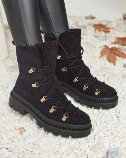 New Czarne damskie ocieplane botki typu trapery z kożuszkiem Lery Walk Trapery|Botki Sznurowane
