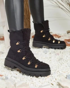 New Czarne damskie ocieplane botki typu trapery z kożuszkiem Lery Walk Trapery|Botki Sznurowane