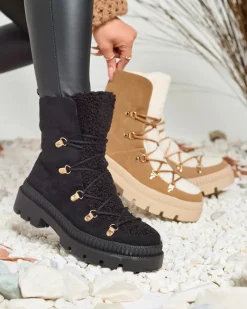 New Czarne damskie ocieplane botki typu trapery z kożuszkiem Lery Walk Trapery|Botki Sznurowane