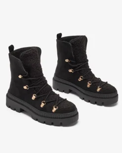 New Czarne damskie ocieplane botki typu trapery z kożuszkiem Lery Walk Trapery|Botki Sznurowane