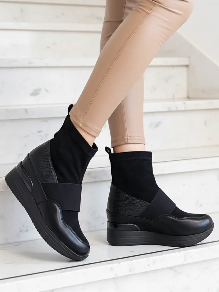 Online Czarne damskie wsuwane botki z tłoczeniem Keleda Botki Z Delikatnym Ociepleniem|Botki Na Koturnie