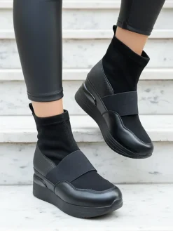 Online Czarne damskie wsuwane botki z tłoczeniem Keleda Botki Z Delikatnym Ociepleniem|Botki Na Koturnie