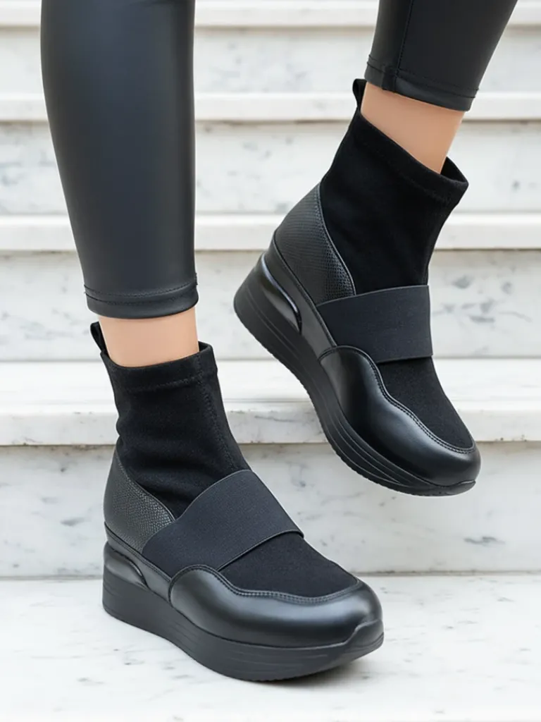 Online Czarne damskie wsuwane botki z tłoczeniem Keleda Botki Z Delikatnym Ociepleniem|Botki Na Koturnie