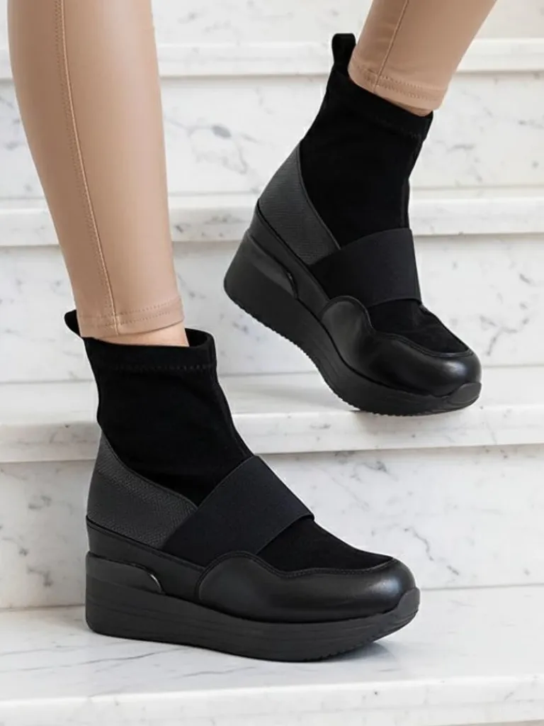 Online Czarne damskie wsuwane botki z tłoczeniem Keleda Botki Z Delikatnym Ociepleniem|Botki Na Koturnie