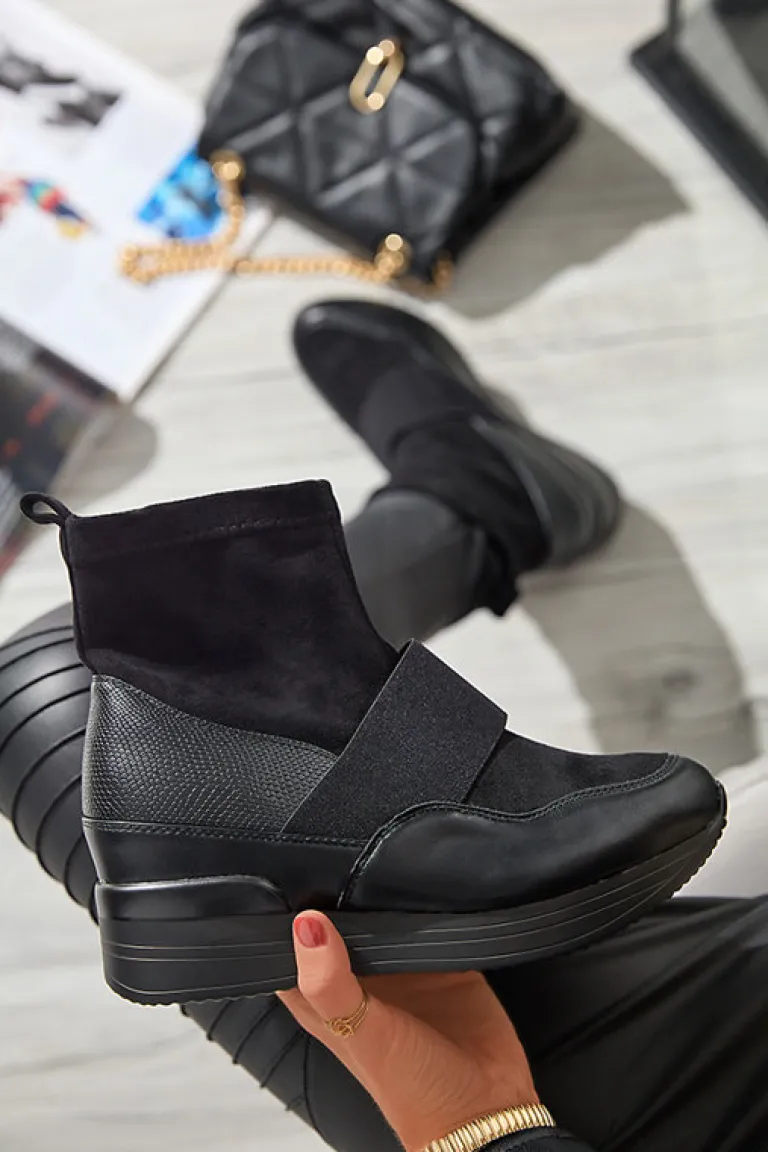 Online Czarne damskie wsuwane botki z tłoczeniem Keleda Botki Z Delikatnym Ociepleniem|Botki Na Koturnie