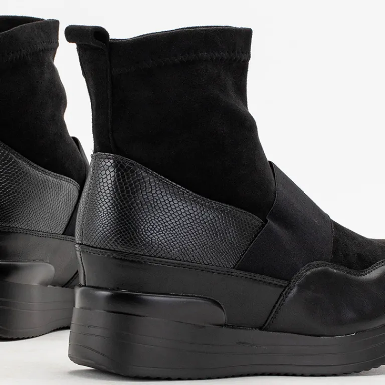 Online Czarne damskie wsuwane botki z tłoczeniem Keleda Botki Z Delikatnym Ociepleniem|Botki Na Koturnie