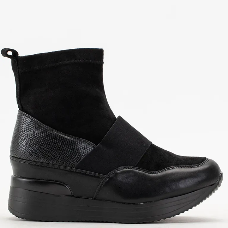 Online Czarne damskie wsuwane botki z tłoczeniem Keleda Botki Z Delikatnym Ociepleniem|Botki Na Koturnie