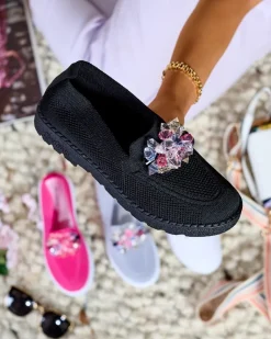 Best Czarne damskie zdobione półbuty slip on Enweta Półbuty