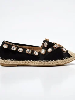 Czarne damskie espadryle z kryształkami Wamba Espadryle Płaskie