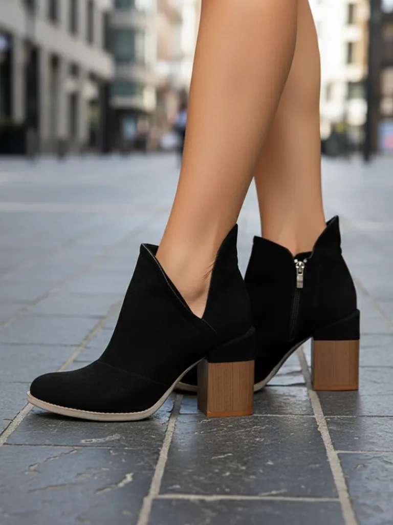 New Czarne damskie botki na słupku z wycięciami Cintura Botki Bez Ocieplenia|Botki Na Słupku