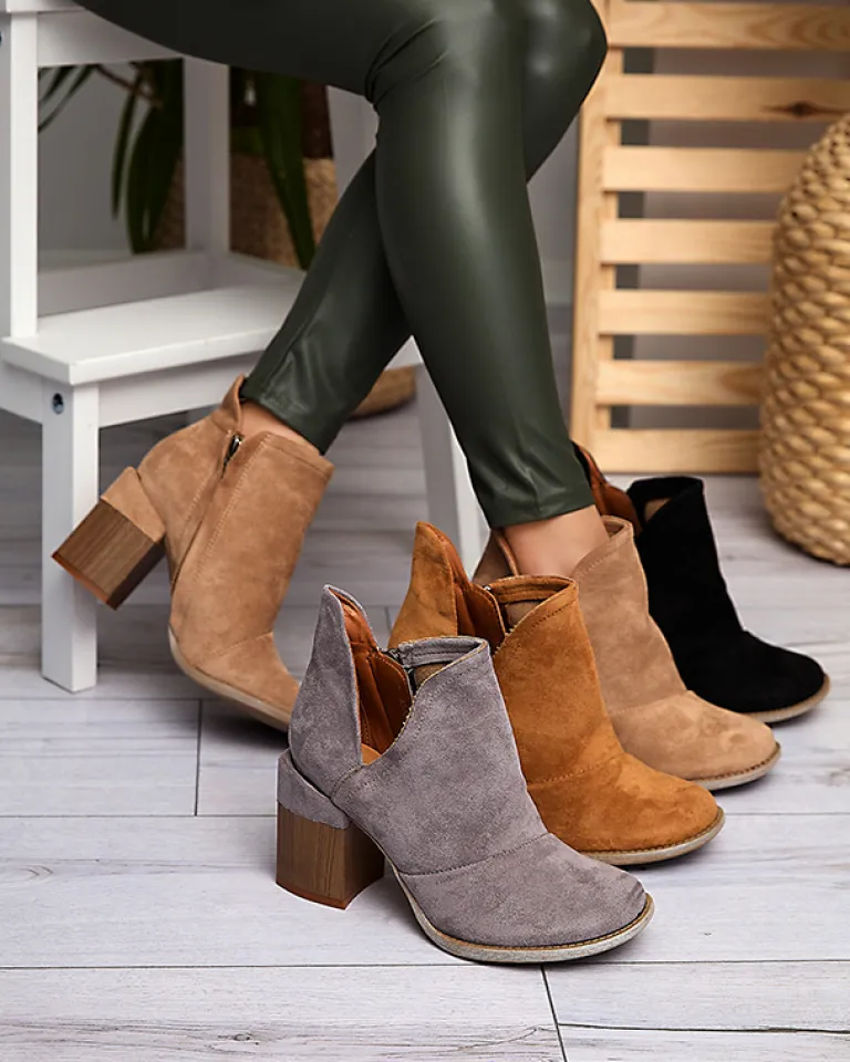 New Czarne damskie botki na słupku z wycięciami Cintura Botki Bez Ocieplenia|Botki Na Słupku