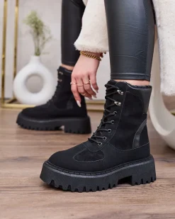 Hot Czarne damskie sznurowane botki Macnev Botki Z Delikatnym Ociepleniem|Botki Sznurowane