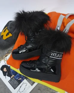 Czarne dziecięce wsuwane buty a'la śniegowce z futerkiem Asika Dziewczęce