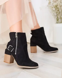 Best Czarne eko zamszowe damskie botki na słupku Acimra Botki Bez Ocieplenia|Botki Na Słupku