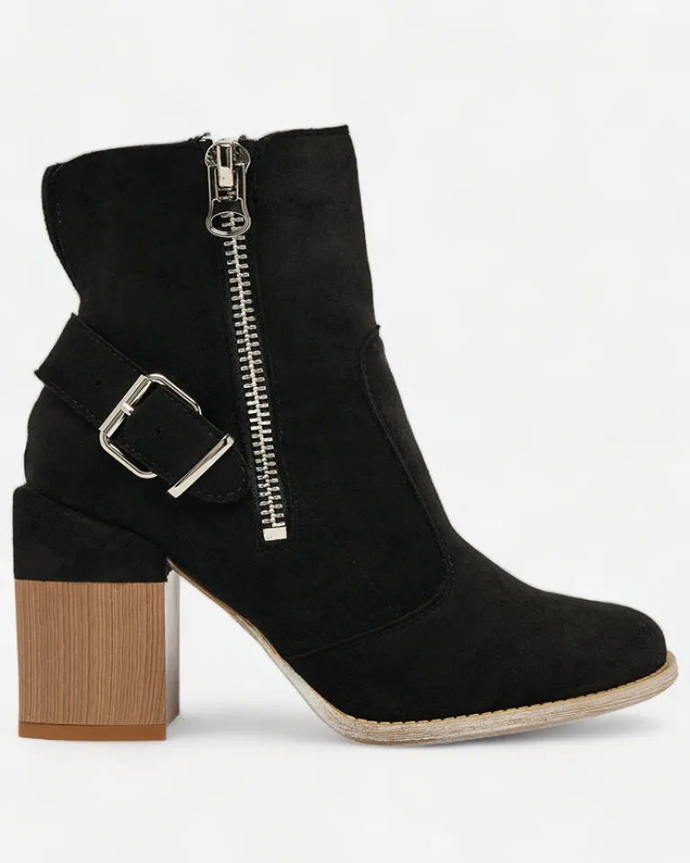 Best Czarne eko zamszowe damskie botki na słupku Acimra Botki Bez Ocieplenia|Botki Na Słupku