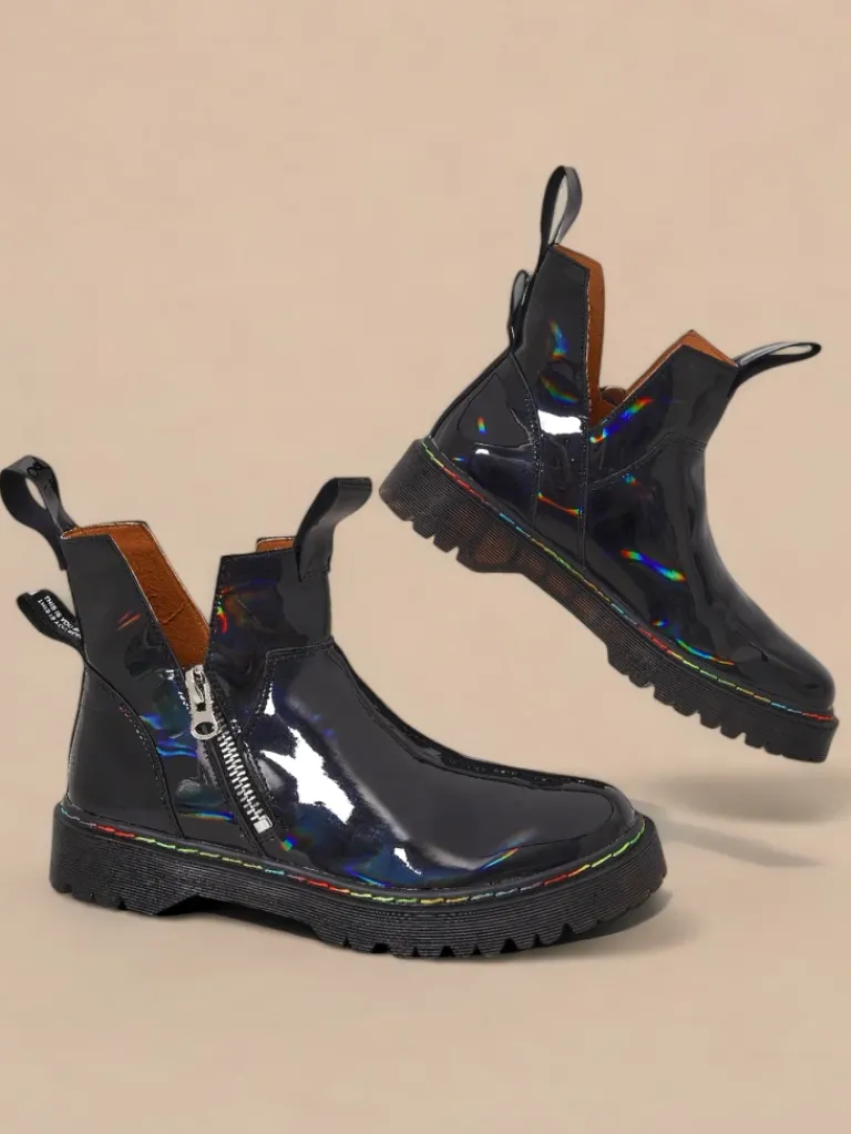 Sale Czarne lakierowane botki damskie z suwakiem Odeta Botki Bez Ocieplenia|Botki Na Płaskim Obcasie