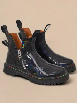 Sale Czarne lakierowane botki damskie z suwakiem Odeta Botki Bez Ocieplenia|Botki Na Płaskim Obcasie