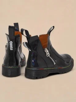 Sale Czarne lakierowane botki damskie z suwakiem Odeta Botki Bez Ocieplenia|Botki Na Płaskim Obcasie