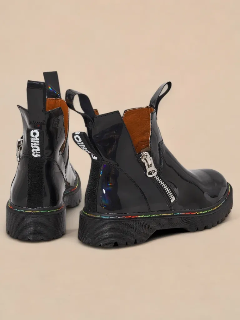 Sale Czarne lakierowane botki damskie z suwakiem Odeta Botki Bez Ocieplenia|Botki Na Płaskim Obcasie