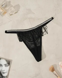 Hot Czarne majtki damskie stringi z frędzelkami Stringi