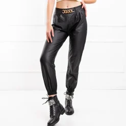 Online Czarne ocieplane damskie spodnie joggery eko- skóra Eko Skórzane