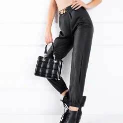 Online Czarne ocieplane damskie spodnie joggery eko- skóra Eko Skórzane