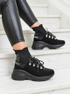 Hot Czarne sneakersy damskie z ociepleniem Aleppo Damskie Botki Z Delikatnym Ociepleniem|Botki Na Płaskim Obcasie