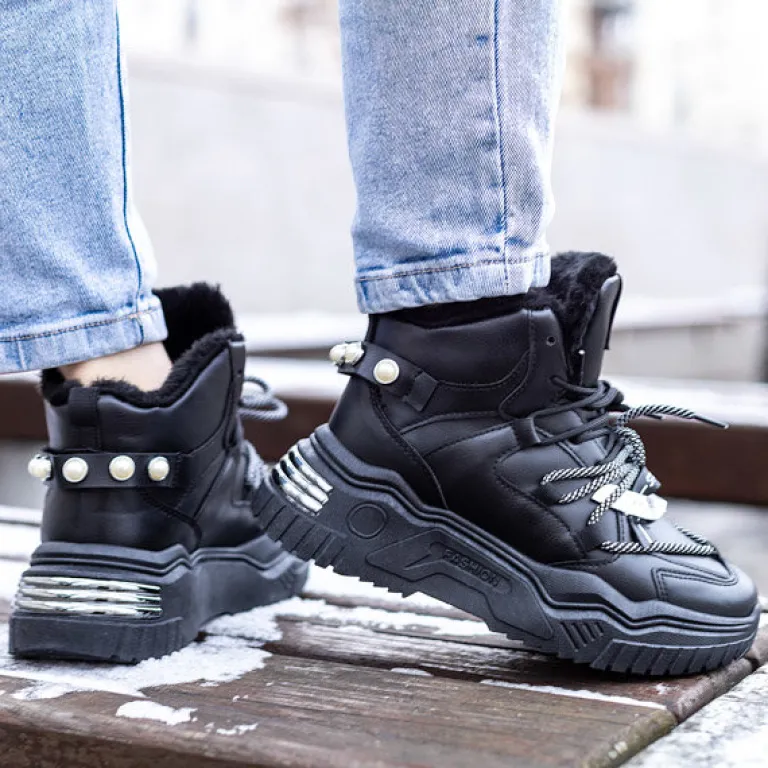 Online Czarne sneakersy z ociepleniem Pommie Damskie Śniegowce|Ocieplane