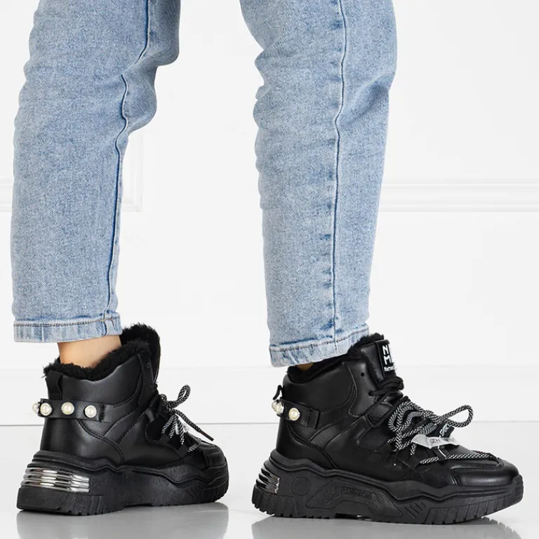 Online Czarne sneakersy z ociepleniem Pommie Damskie Śniegowce|Ocieplane