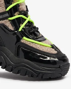 Discount Czarne sportowe buty damskie z futerkiem i neonowymi żółtymi sznurówkami Adbo Damskie Śniegowce|Ocieplane