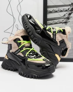 Discount Czarne sportowe buty damskie z futerkiem i neonowymi żółtymi sznurówkami Adbo Damskie Śniegowce|Ocieplane