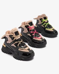 Discount Czarne sportowe buty damskie z futerkiem i neonowymi żółtymi sznurówkami Adbo Damskie Śniegowce|Ocieplane