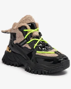 Discount Czarne sportowe buty damskie z futerkiem i neonowymi żółtymi sznurówkami Adbo Damskie Śniegowce|Ocieplane
