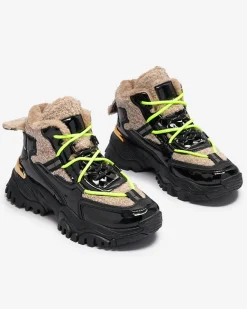 Discount Czarne sportowe buty damskie z futerkiem i neonowymi żółtymi sznurówkami Adbo Damskie Śniegowce|Ocieplane