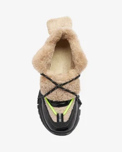 Discount Czarne sportowe buty damskie z futerkiem i neonowymi żółtymi sznurówkami Adbo Damskie Śniegowce|Ocieplane