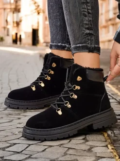 Czarne trapery damskie Develier Trapery|Botki Sznurowane