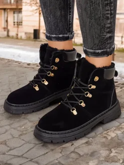 Czarne trapery damskie Develier Trapery|Botki Sznurowane